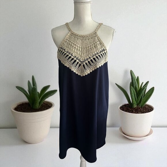 LILLY PULITZER Navy Blue Gold Swing Dress Size 4 - Picture 1 of 8